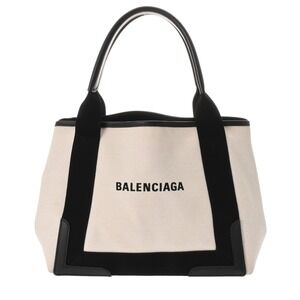 BALENCIAGA Cabas White Black Canvas Leather Handbag